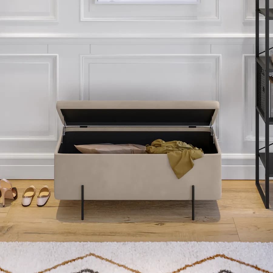 Panca contenitore 110x44 cm in velluto beige e gambe in metallo nero - Jannali