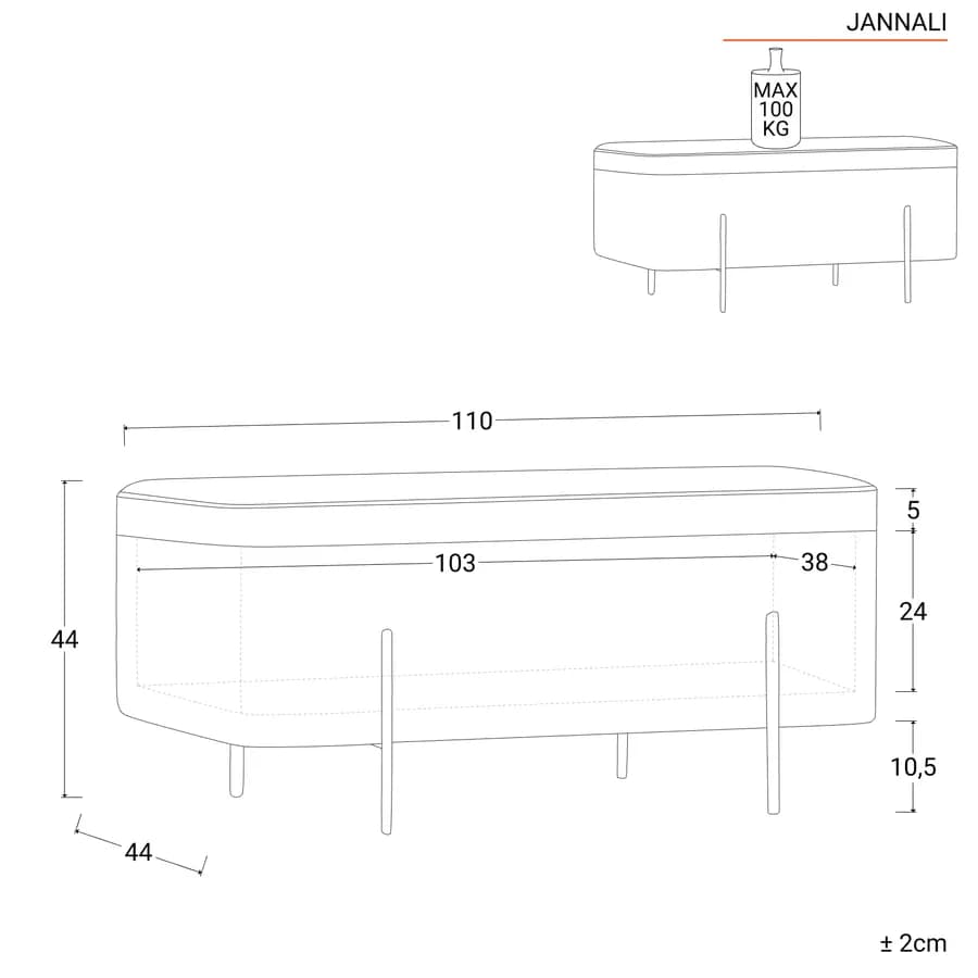 Panca contenitore 110x44 cm in velluto beige e gambe in metallo nero - Jannali