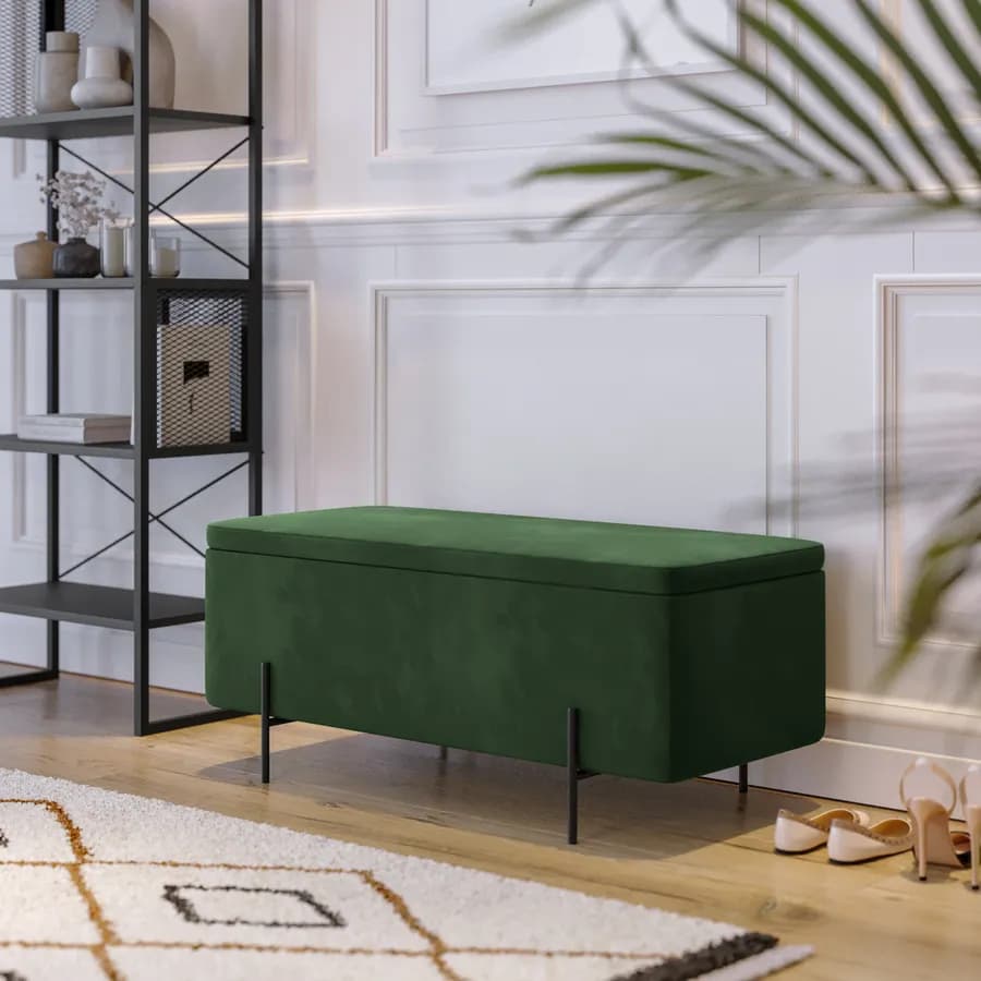 Panca contenitore 110x44 cm in velluto verde e gambe in metallo nero - Jannali