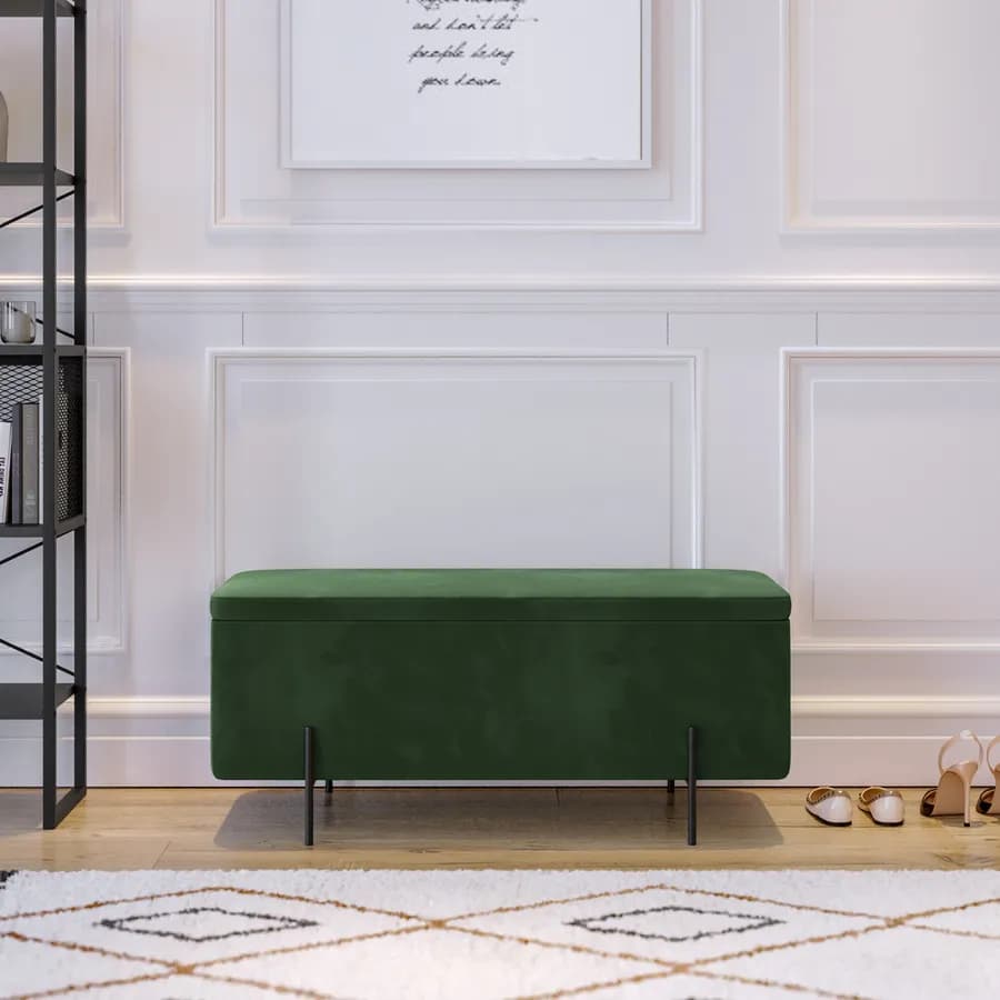 Panca contenitore 110x44 cm in velluto verde e gambe in metallo nero - Jannali