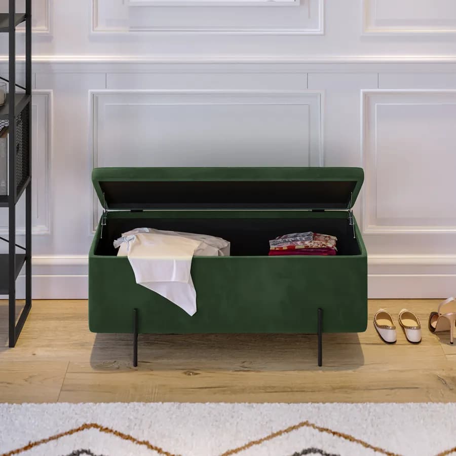 Panca contenitore 110x44 cm in velluto verde e gambe in metallo nero - Jannali