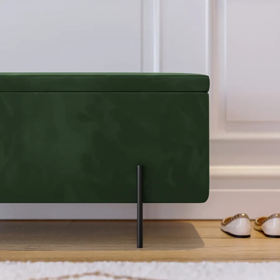 Panca contenitore 110x44 cm in velluto verde e gambe in metallo nero - Jannali