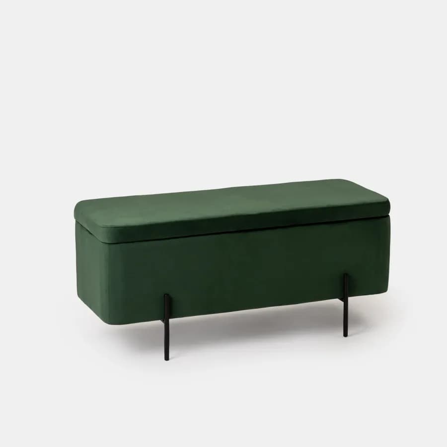 Panca contenitore 110x44 cm in velluto verde e gambe in metallo nero - Jannali