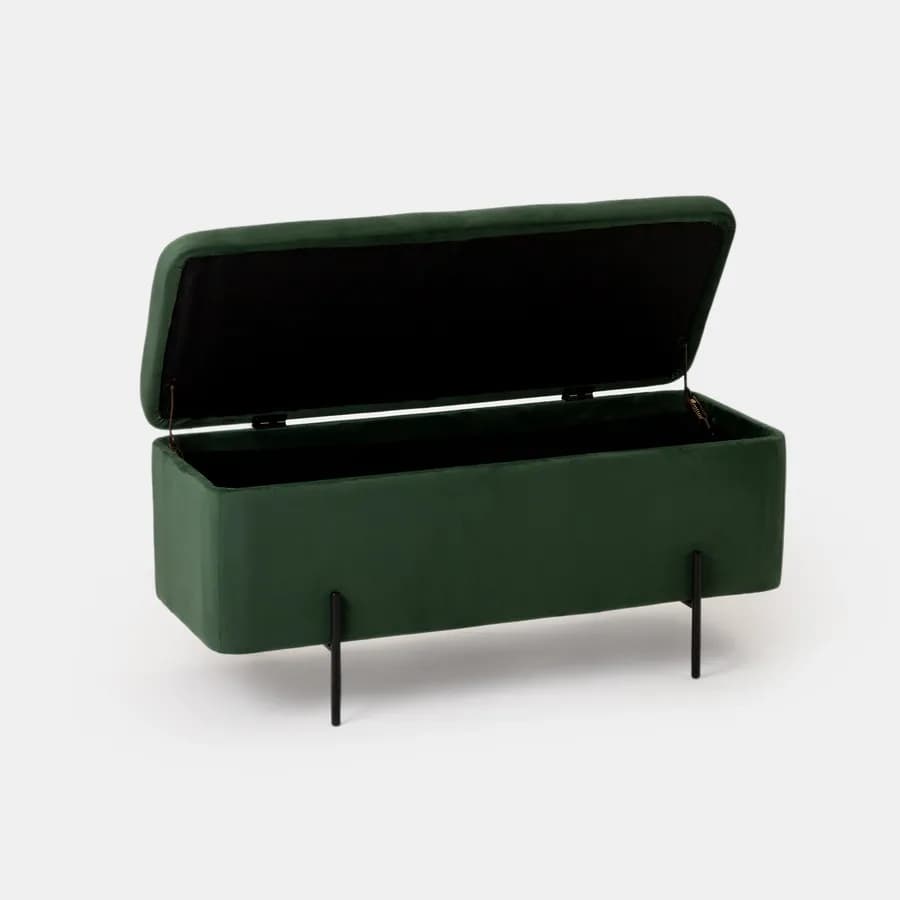 Panca contenitore 110x44 cm in velluto verde e gambe in metallo nero - Jannali