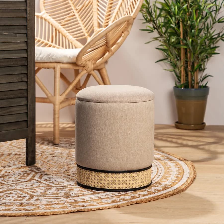 Pouf contenitore rotondo 33 cm in tessuto beige con intreccio in paglia di Vienna - Ludwig