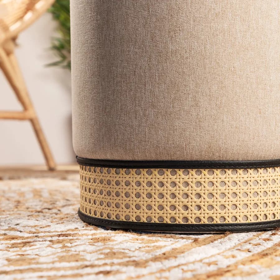 Pouf contenitore rotondo 33 cm in tessuto beige con intreccio in paglia di Vienna - Ludwig