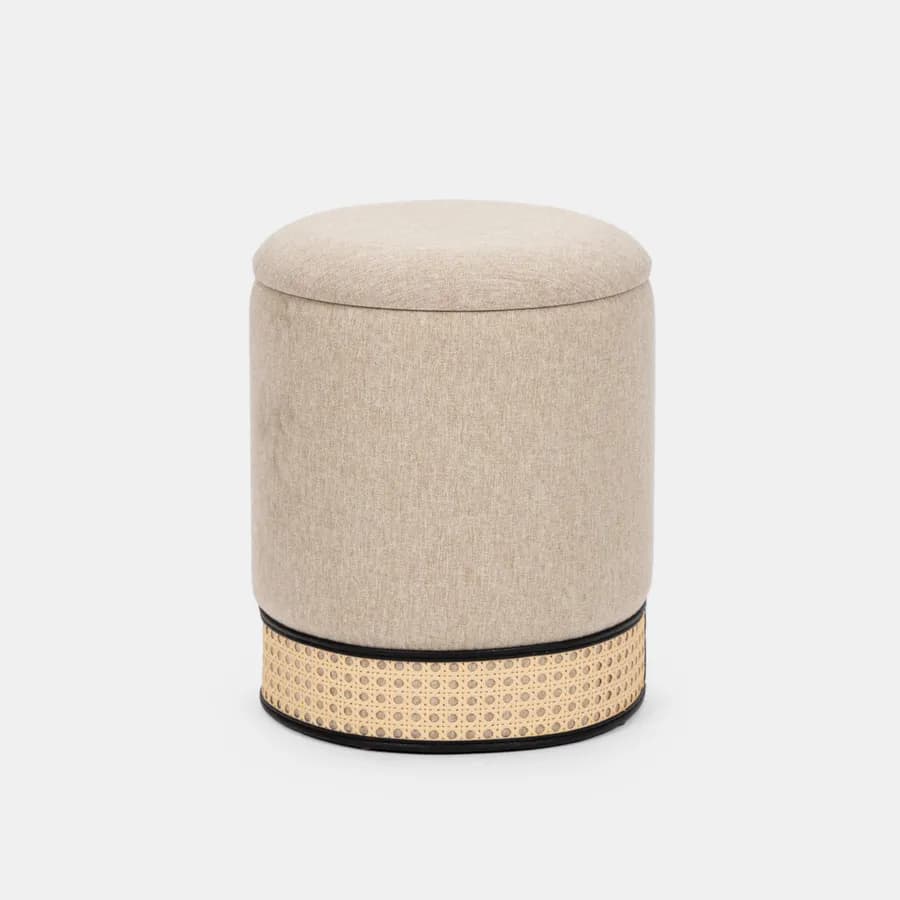 Pouf contenitore rotondo 33 cm in tessuto beige con intreccio in paglia di Vienna - Ludwig