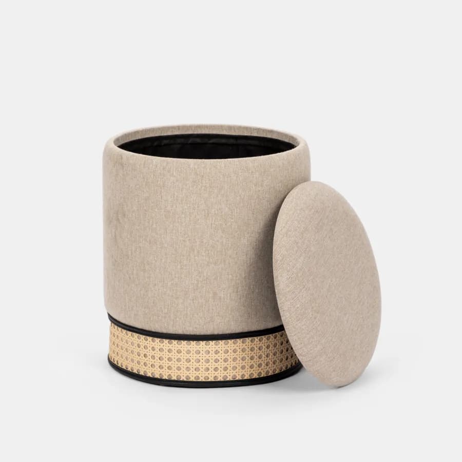 Pouf contenitore rotondo 33 cm in tessuto beige con intreccio in paglia di Vienna - Ludwig