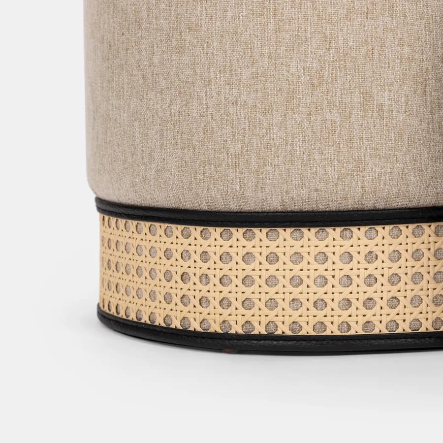 Pouf contenitore rotondo 33 cm in tessuto beige con intreccio in paglia di Vienna - Ludwig