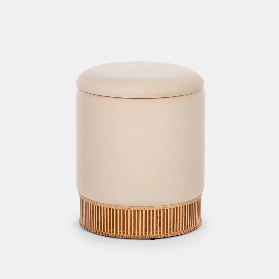 Pouf contenitore 32 cm effetto velluto crema e bambù - Kimono
