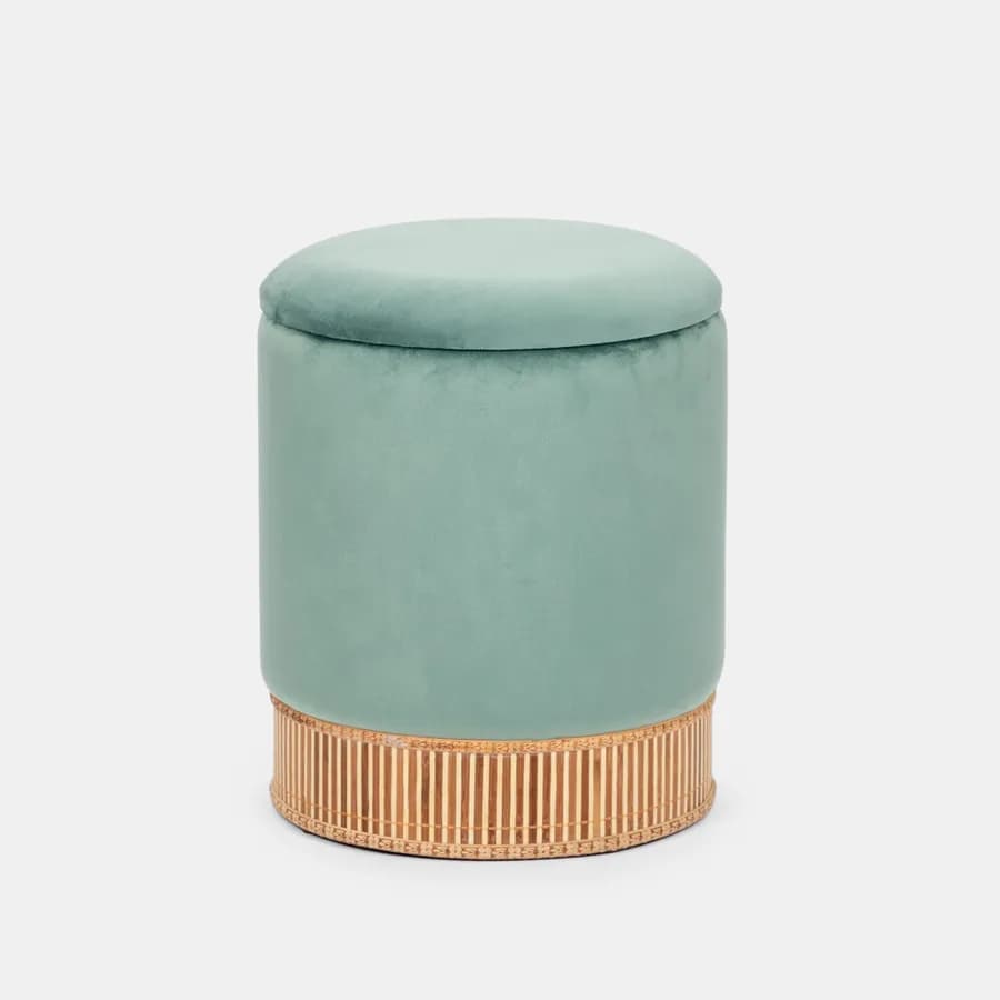 Pouf contenitore 32 cm effetto velluto verde salvia e bambù - Kimono