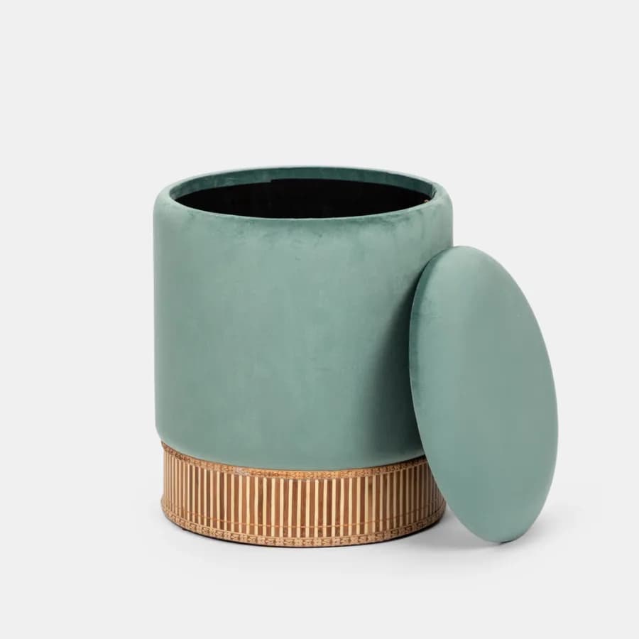 Pouf contenitore 32 cm effetto velluto verde salvia e bambù - Kimono