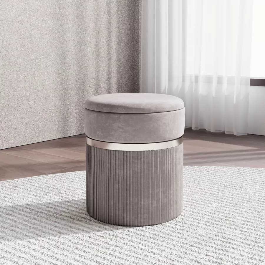 Pouf contenitore 35 cm in velluto grigio con finitura cromata - Scrat