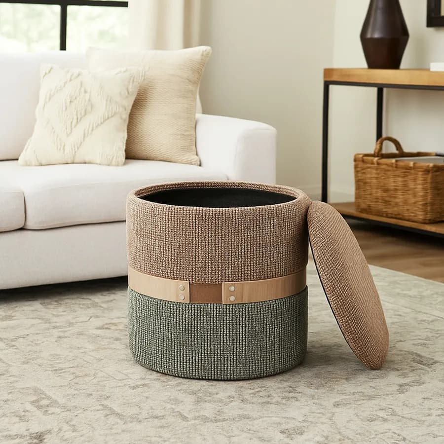 Pouf contenitore 36 cm in tessuto bicolore tortora e verde - Collard
