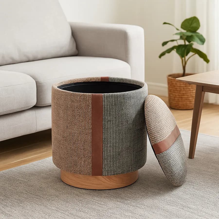 Pouf contenitore 38 cm in tessuto bouclé tortora e verde con dettaglio similpelle cognac - Stobbart