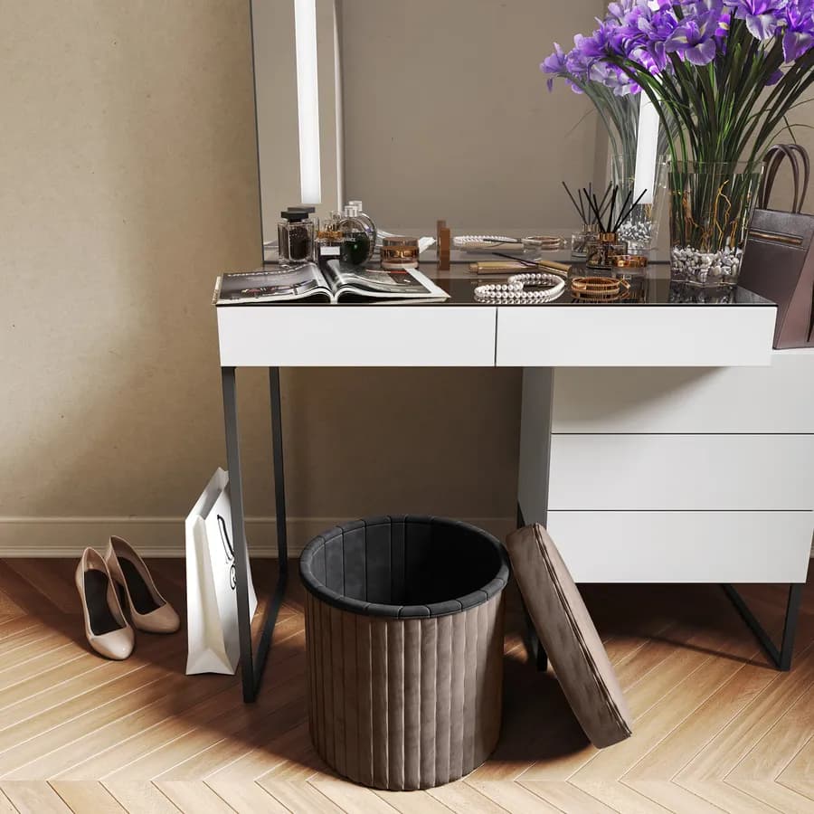Pouf contenitore 38x38 cm in velluto a coste cacao con seduta imbottita - French