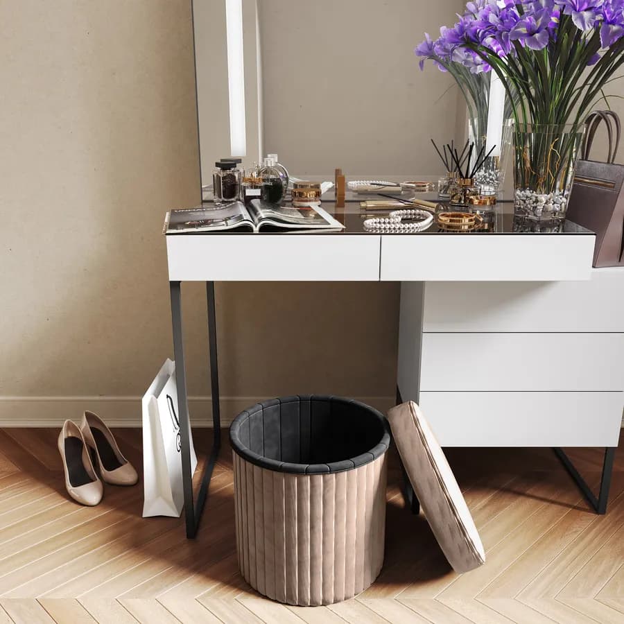 Pouf contenitore 38x38 cm in velluto a coste tortora con seduta imbottita - French