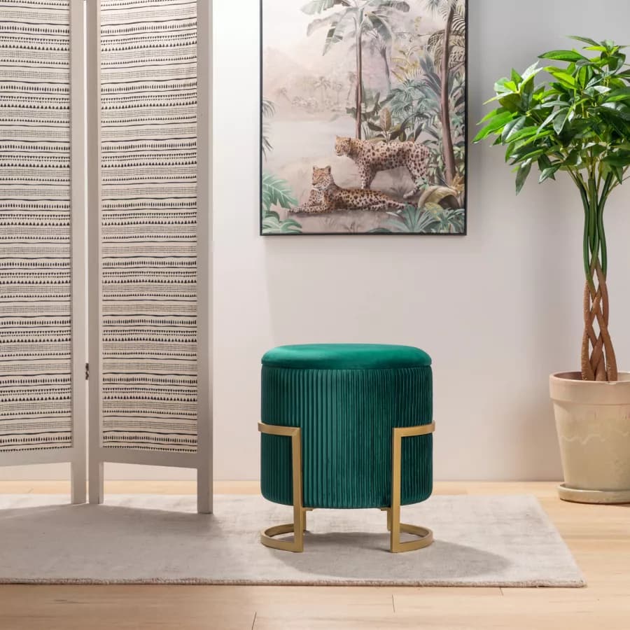 Pouf contenitore Ø 42 cm in velluto verde scuro base oro - Albatros