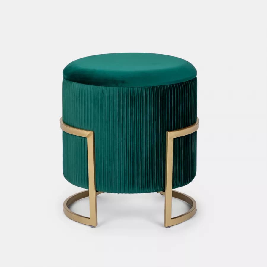 Pouf contenitore Ø 42 cm in velluto verde scuro base oro - Albatros