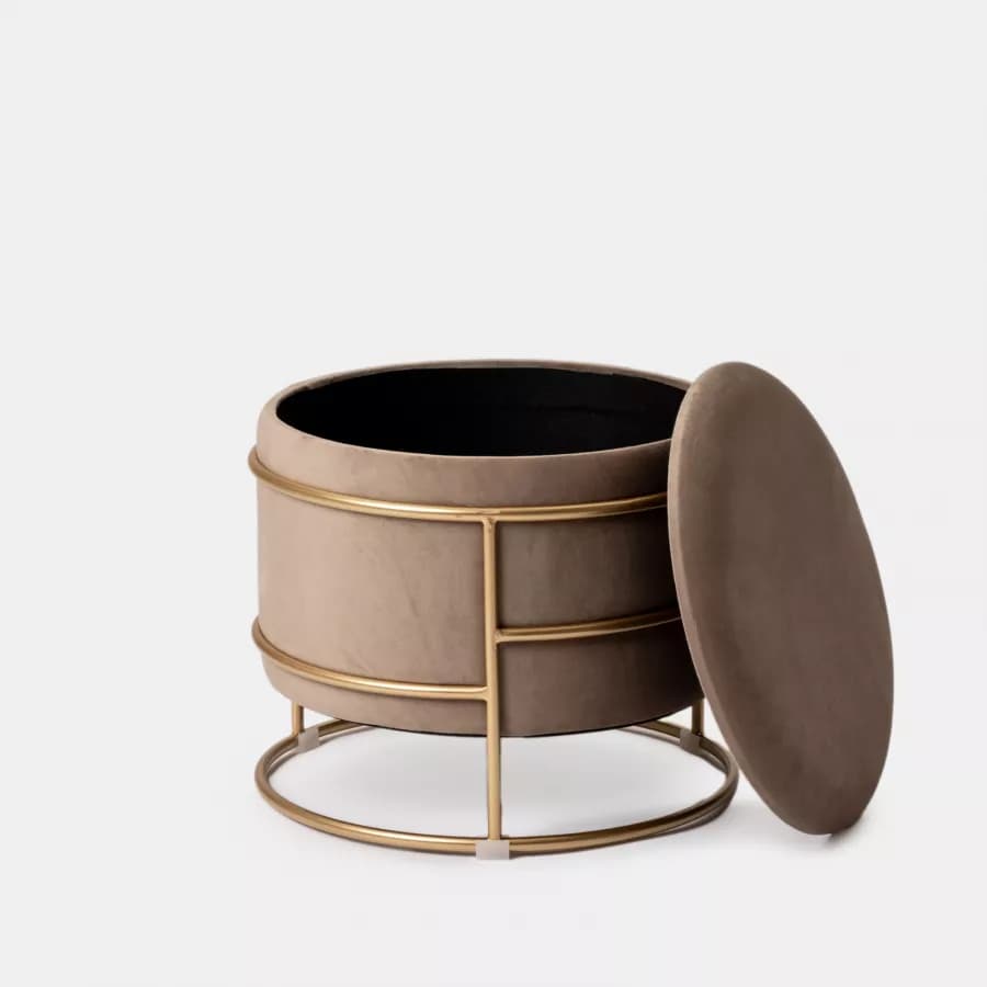 Pouf contenitore 43x37h cm in velluto tortora con base oro - Balance