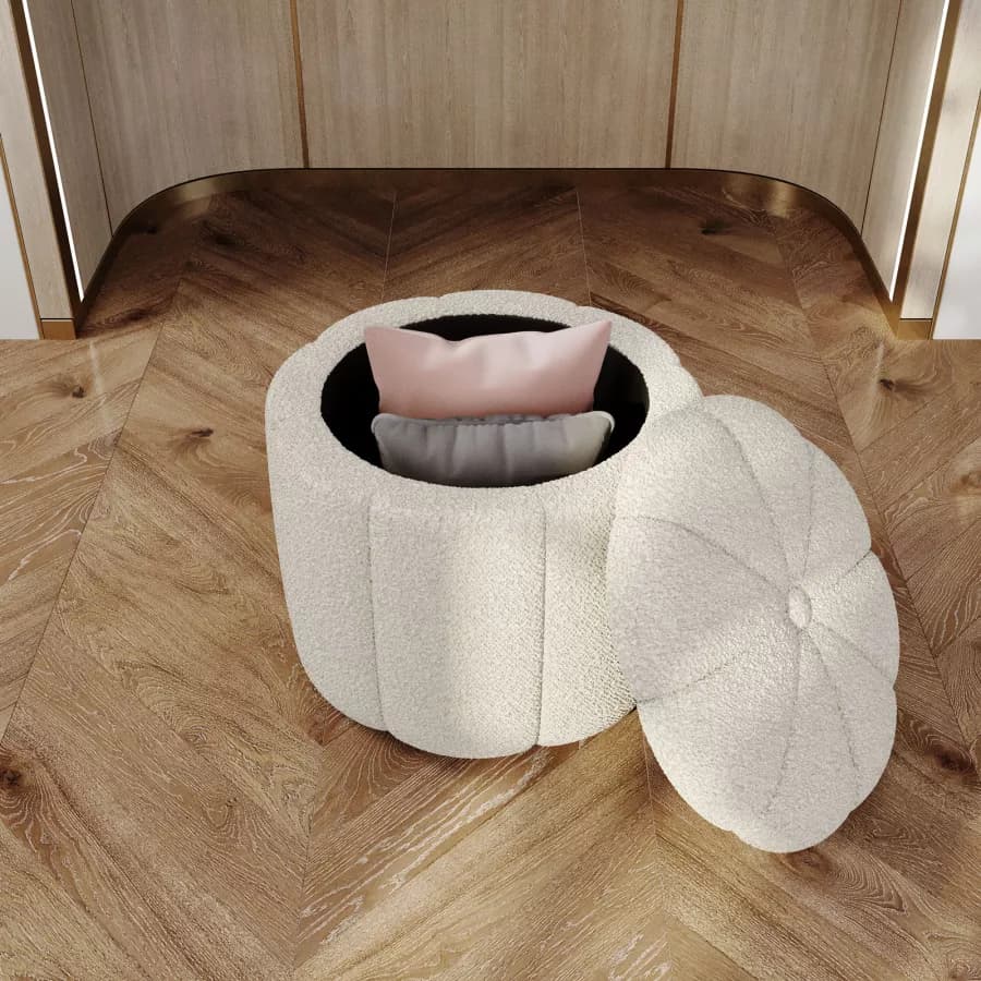 Pouf contenitore 45x40h cm in tessuto teddy bianco a forma di fiore - Softer
