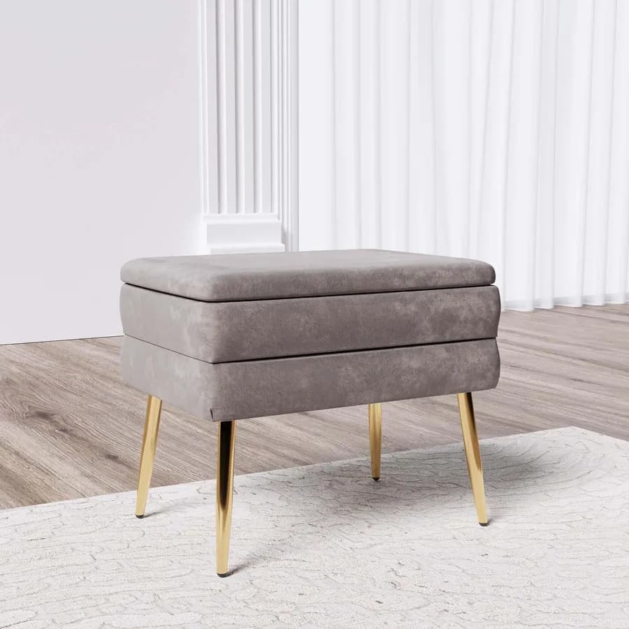 Panca contenitore 50x35 cm in velluto grigio gambe oro - Bloom