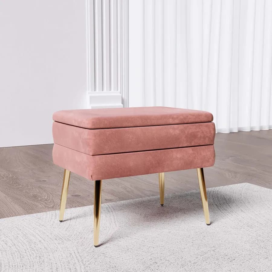 Panca contenitore 50x35 cm in velluto rosa antico gambe oro - Bloom