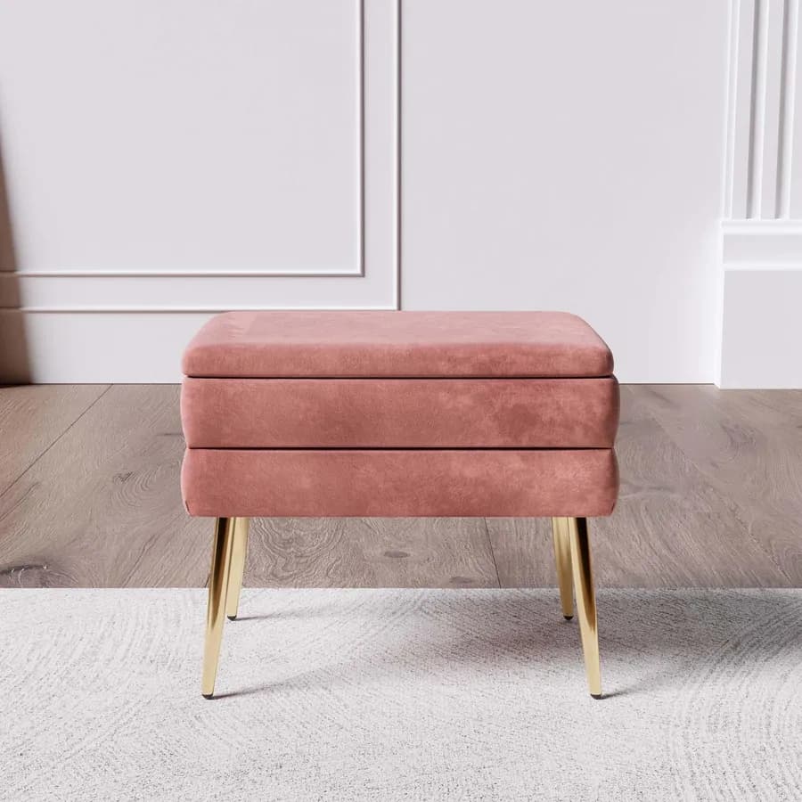 Panca contenitore 50x35 cm in velluto rosa antico gambe oro - Bloom