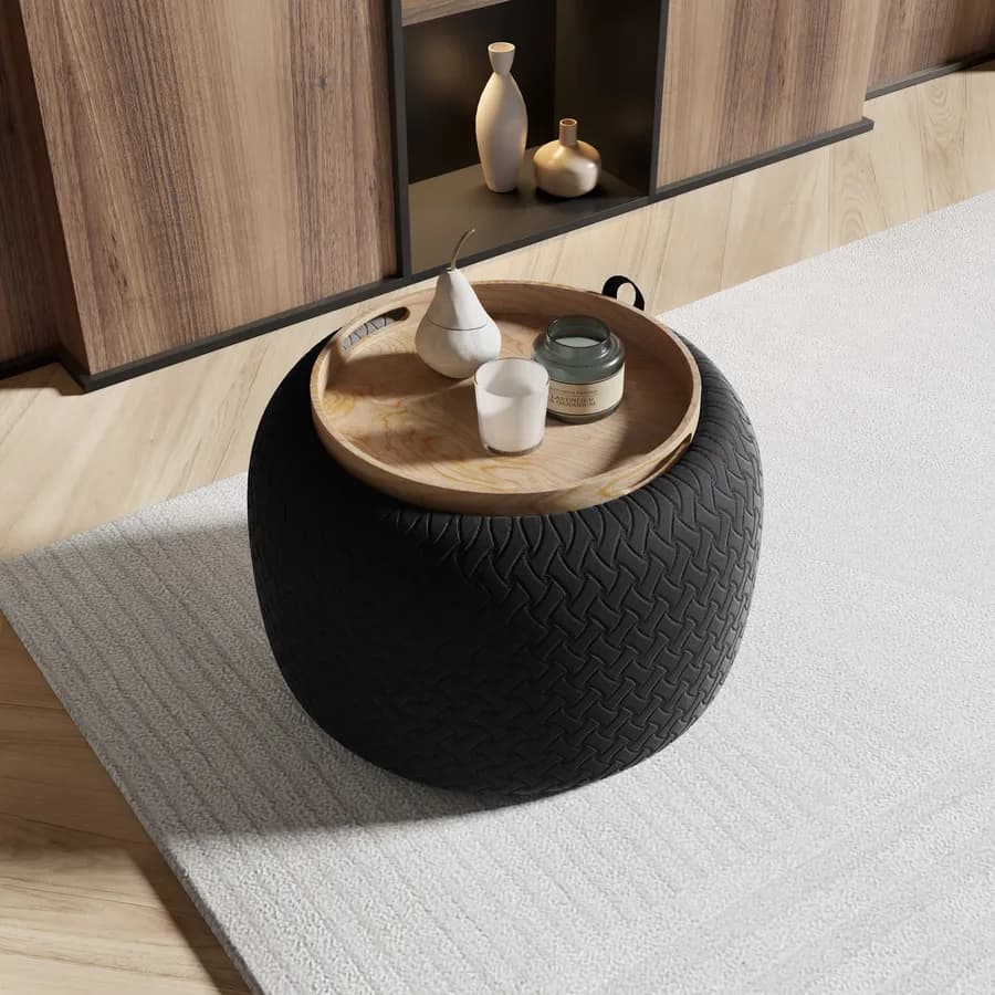 Pouf contenitore 56 cm con vassoio in velluto nero - Gildas