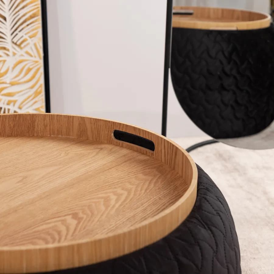 Pouf contenitore 56 cm con vassoio in velluto nero - Gildas