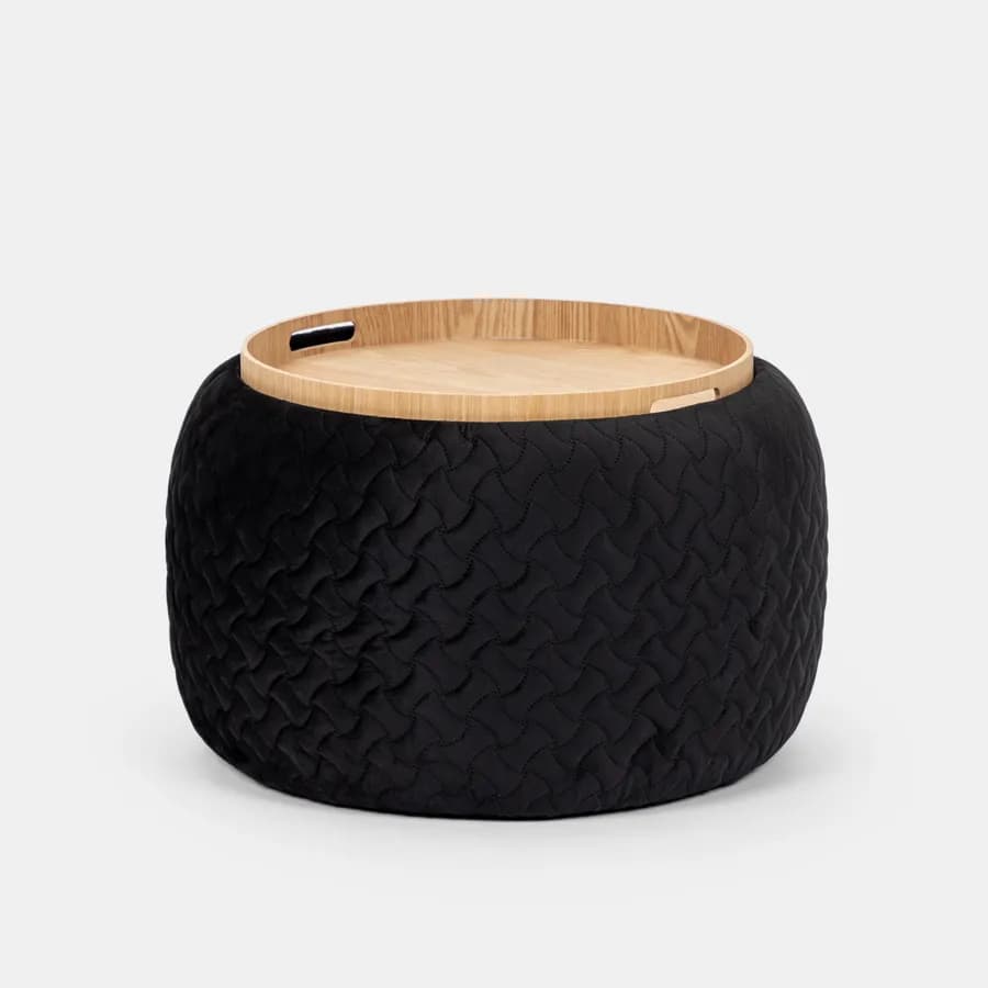 Pouf contenitore 56 cm con vassoio in velluto nero - Gildas