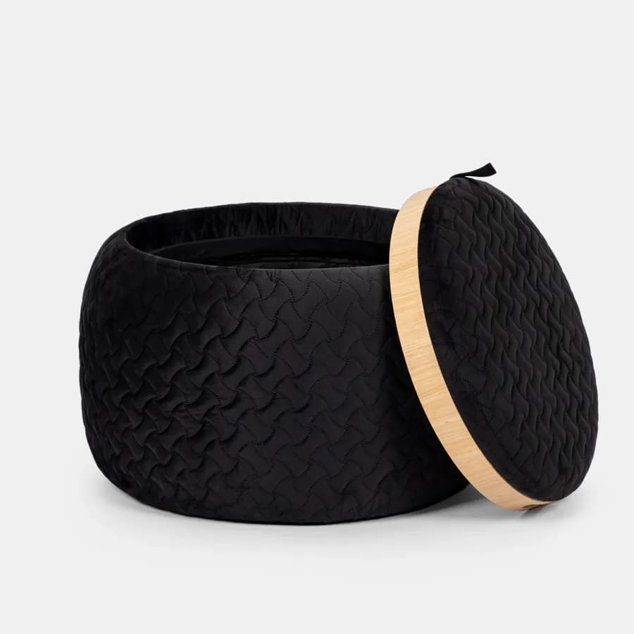Pouf contenitore 56 cm con vassoio in velluto nero - Gildas