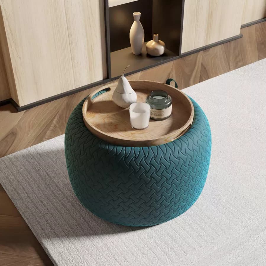 Pouf contenitore con vassoio 56 cm in velluto blu petrolio - Gildas