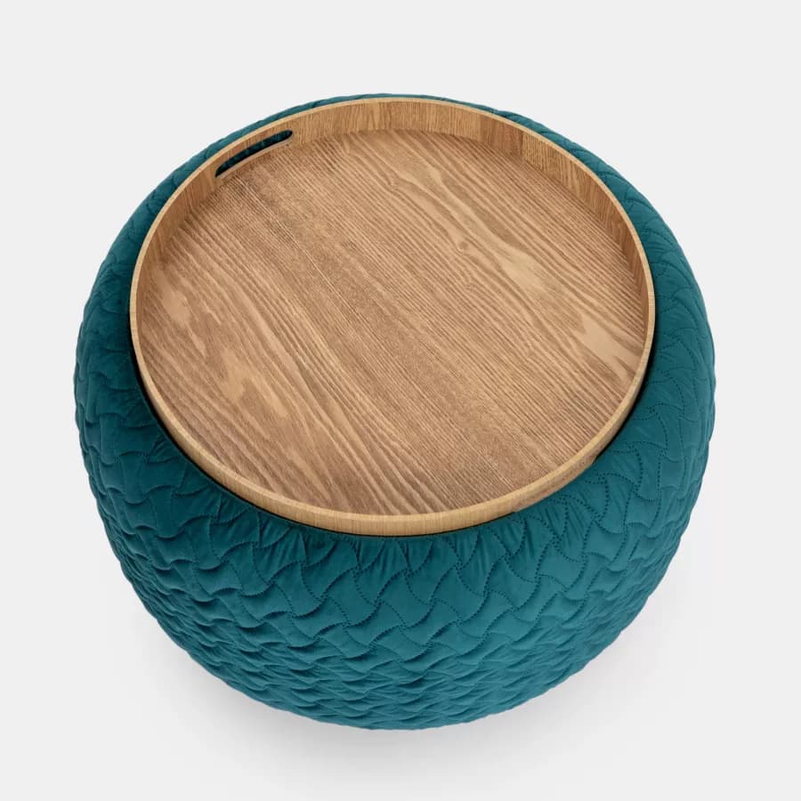Pouf contenitore con vassoio 56 cm in velluto blu petrolio - Gildas