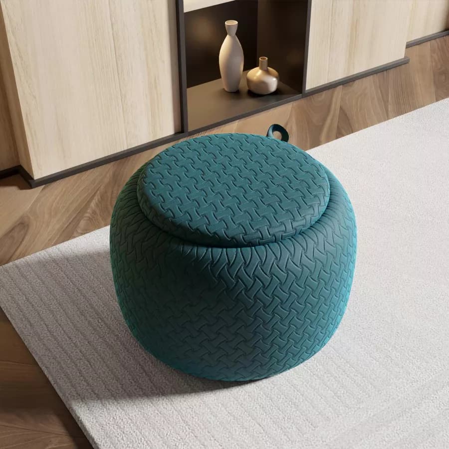 Pouf contenitore con vassoio 56 cm in velluto blu petrolio - Gildas