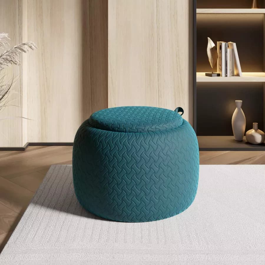 Pouf contenitore con vassoio 56 cm in velluto blu petrolio - Gildas
