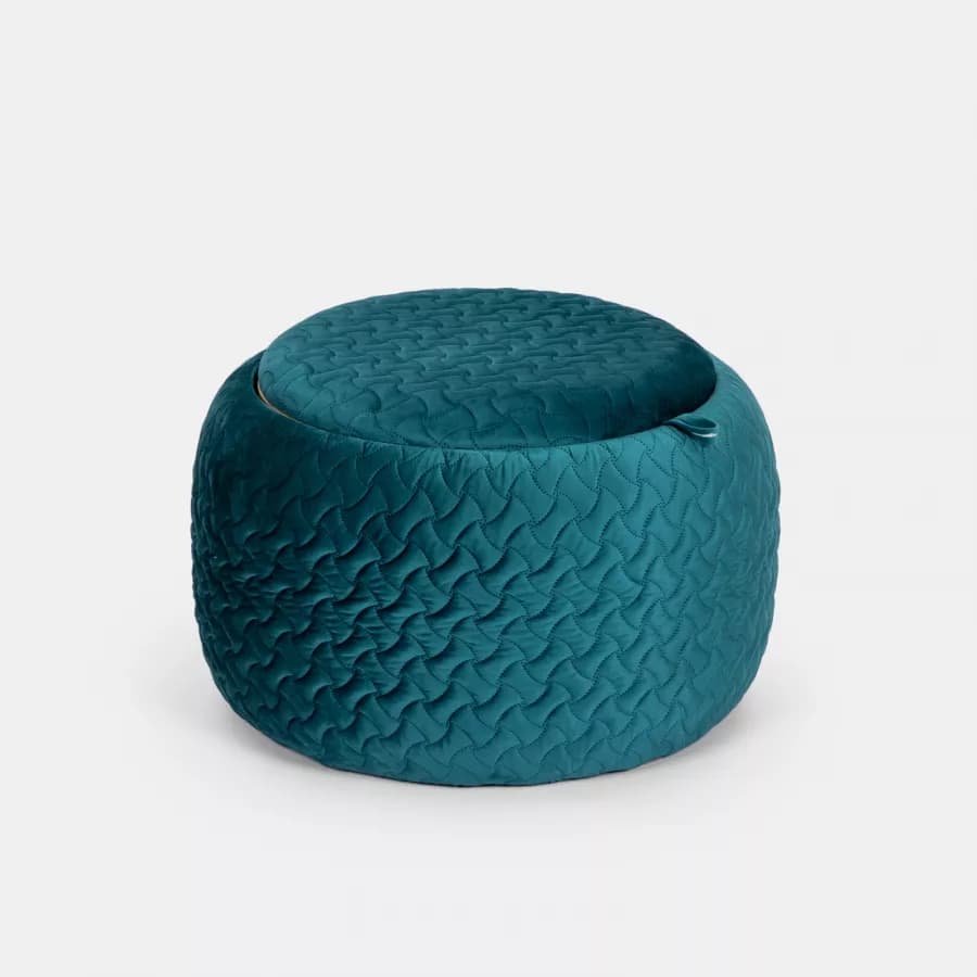 Pouf contenitore con vassoio 56 cm in velluto blu petrolio - Gildas