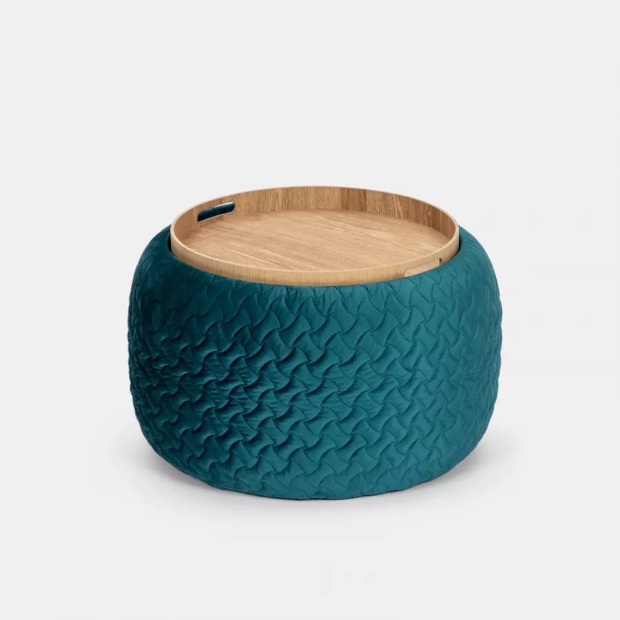 Pouf contenitore con vassoio 56 cm in velluto blu petrolio - Gildas