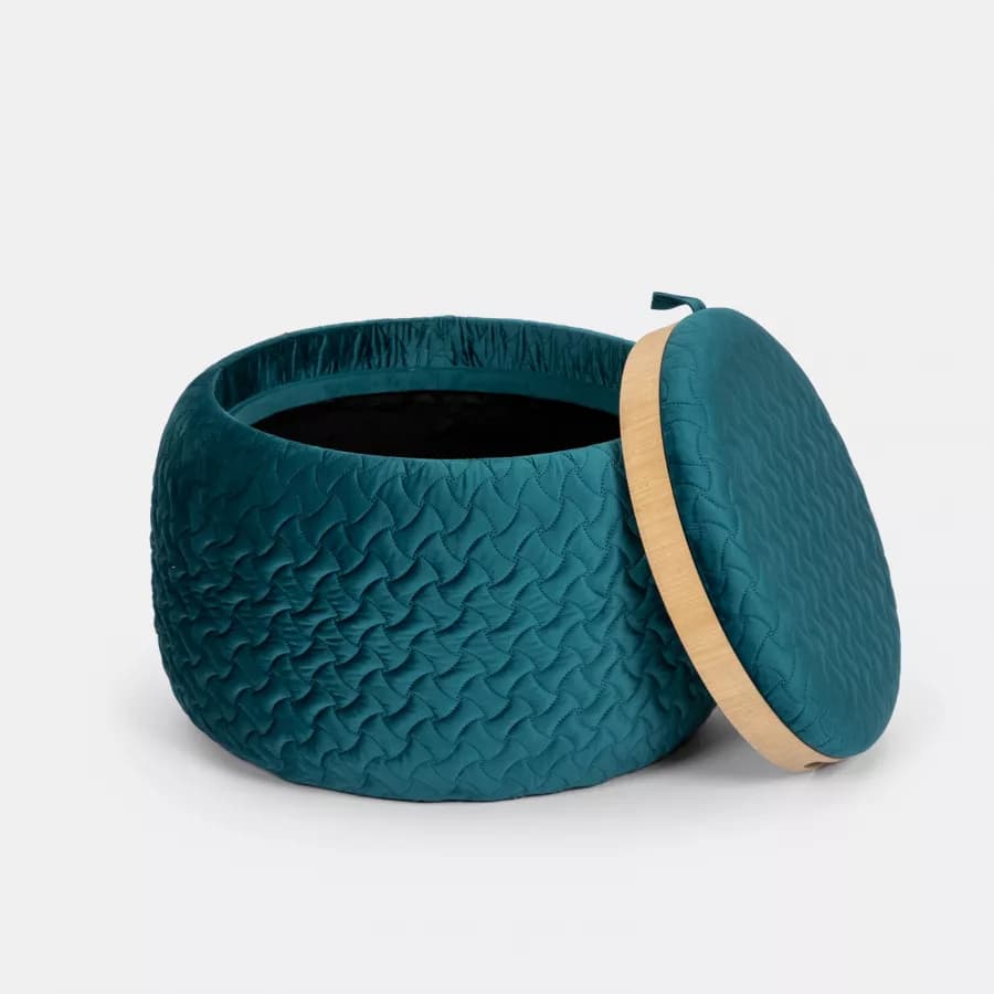 Pouf contenitore con vassoio 56 cm in velluto blu petrolio - Gildas