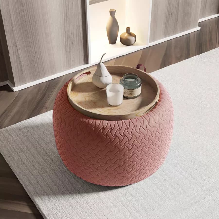 Pouf contenitore 56 cm con vassoio in velluto rosa antico - Gildas