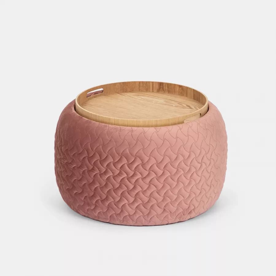 Pouf contenitore 56 cm con vassoio in velluto rosa antico - Gildas