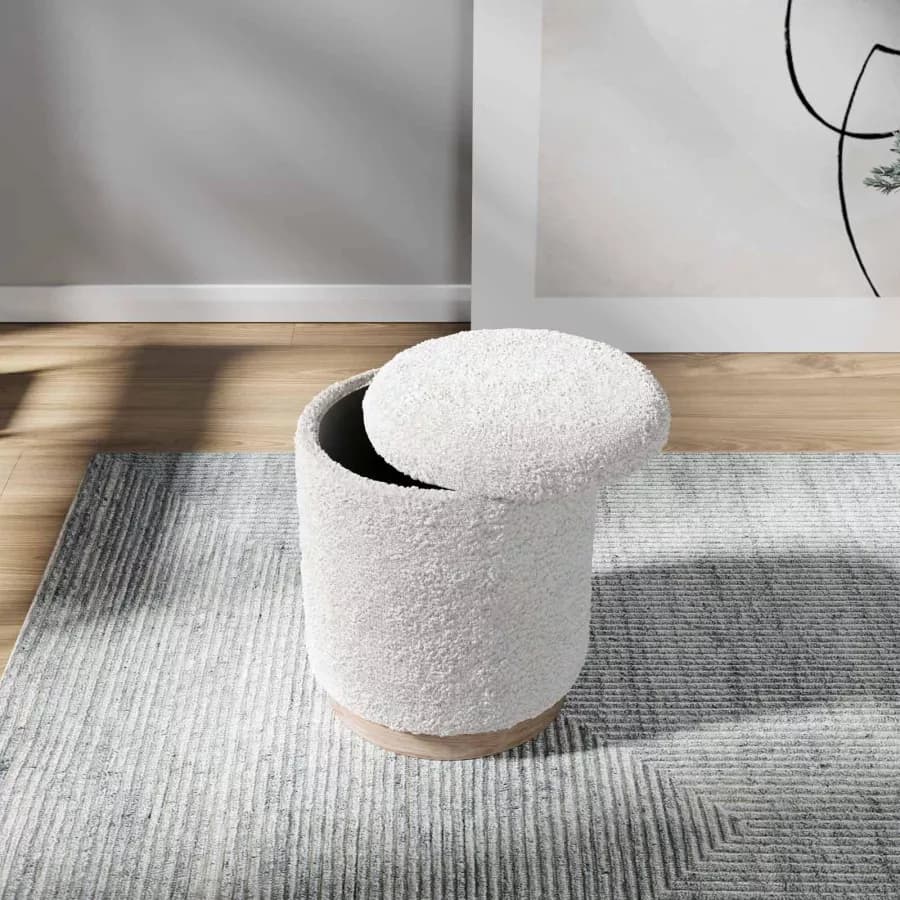 Pouf contenitore 37 cm in tessuto teddy bianco con base in legno - Remy