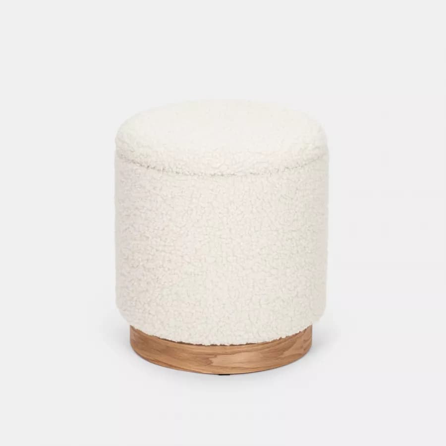 Pouf contenitore 37 cm in tessuto teddy bianco con base in legno - Remy