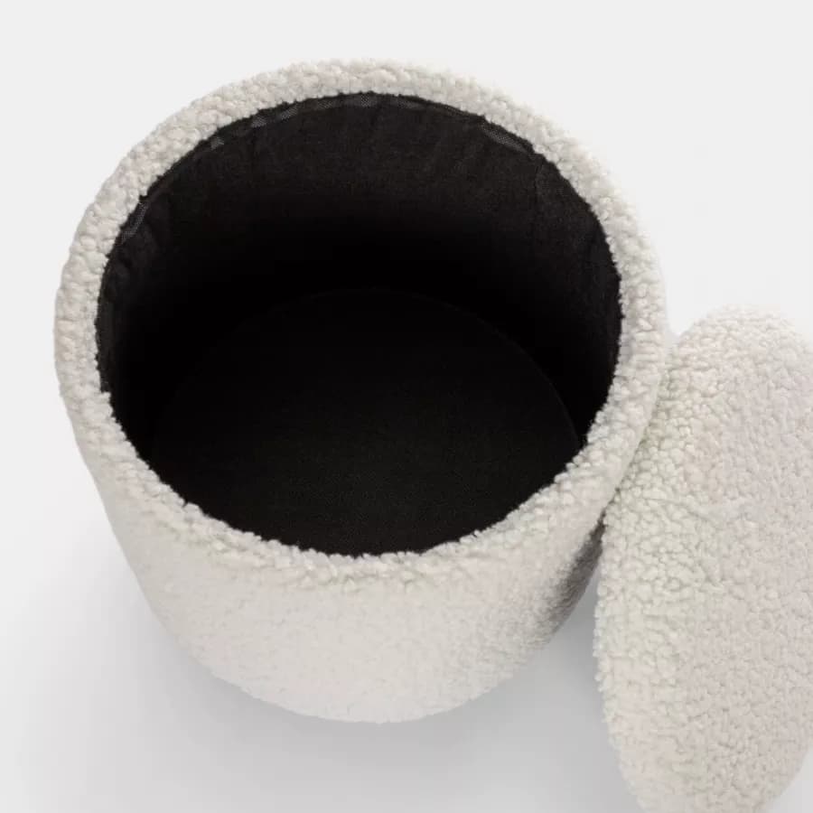 Pouf contenitore 37 cm in tessuto teddy bianco con base in legno - Remy