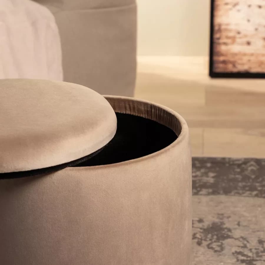 Pouf contenitore rotondo 29 cm velluto beige con base oro - Elenor