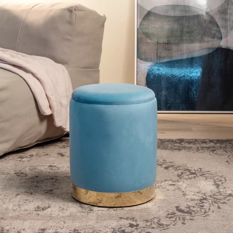 Pouf contenitore 29 cm effetto velluto celeste con base oro - Elenor