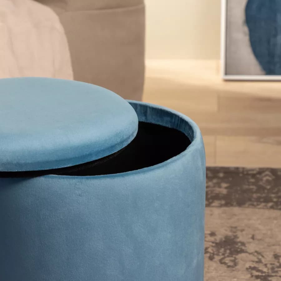 Pouf contenitore 29 cm effetto velluto celeste con base oro - Elenor