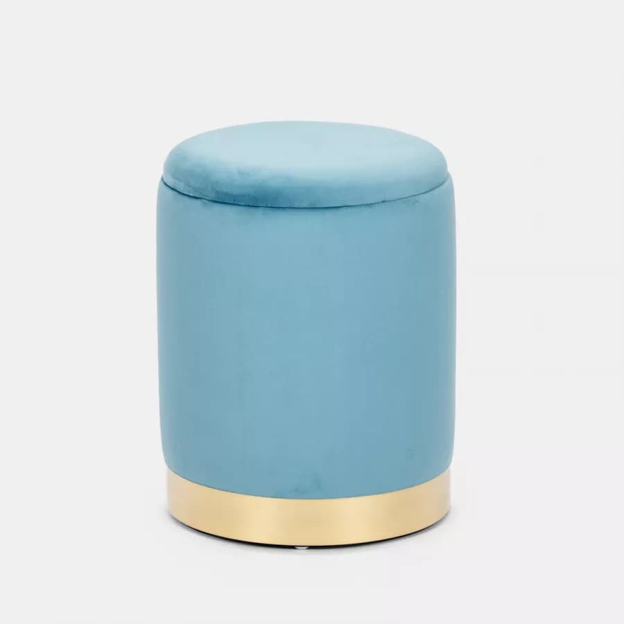 Pouf contenitore 29 cm effetto velluto celeste con base oro - Elenor