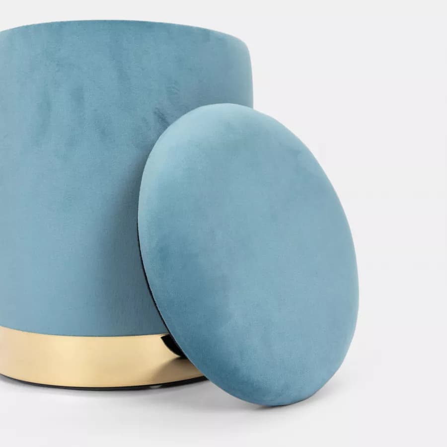 Pouf contenitore 29 cm effetto velluto celeste con base oro - Elenor