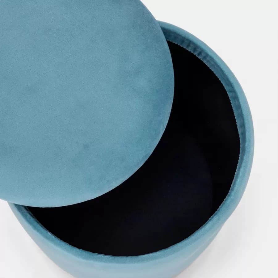 Pouf contenitore 29 cm effetto velluto celeste con base oro - Elenor